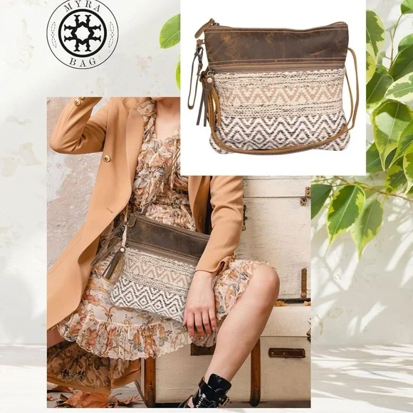 Myra Bag Aztec Purse - Canvas Bag with Real Leather Detailing, Boho Handbag - Picture 1 of 9